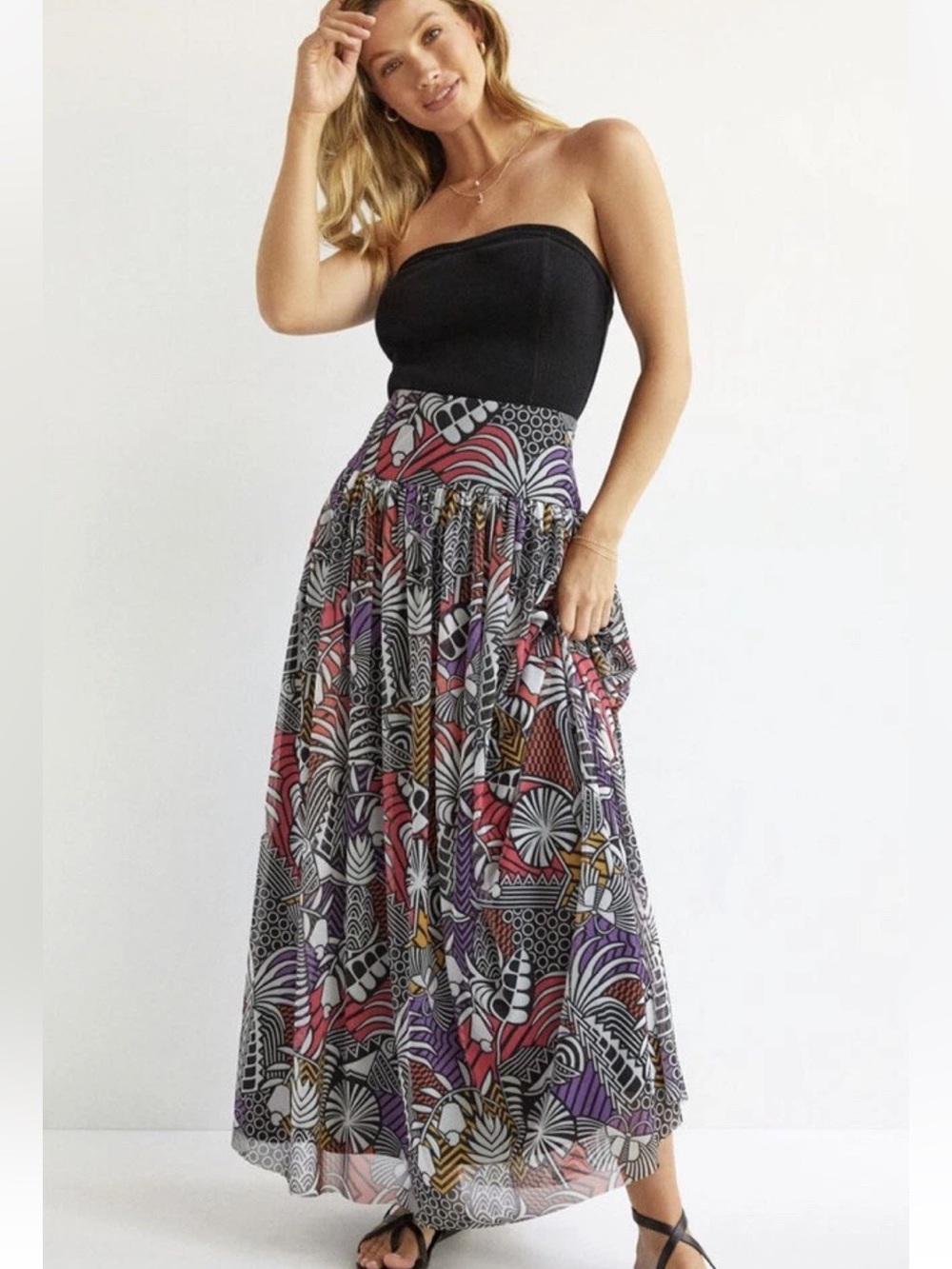 FARM Rio x Anthropologie Tropical Pattern Mesh Maxi Skirt Small Black Red Boho